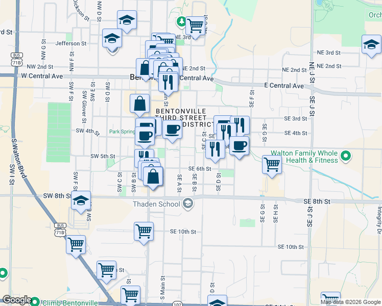 map of restaurants, bars, coffee shops, grocery stores, and more near 415 Southeast A Street in Bentonville