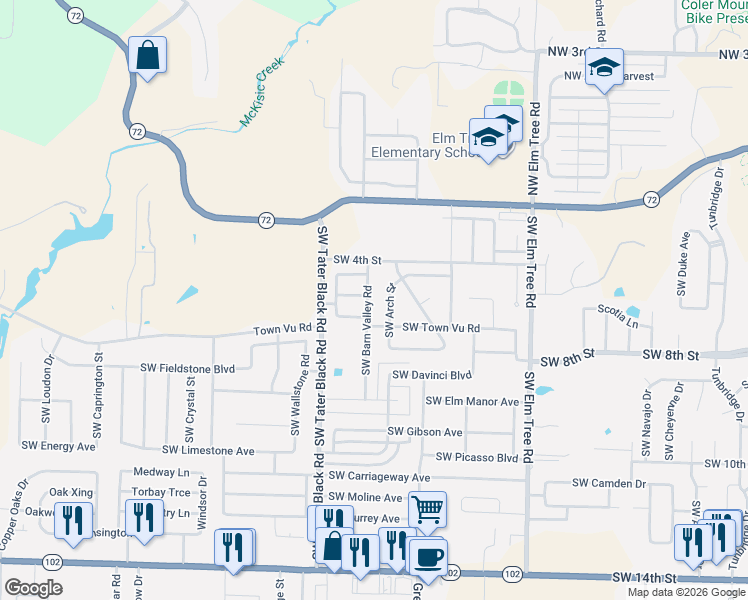map of restaurants, bars, coffee shops, grocery stores, and more near 501 Southwest Barn Valley Road in Bentonville