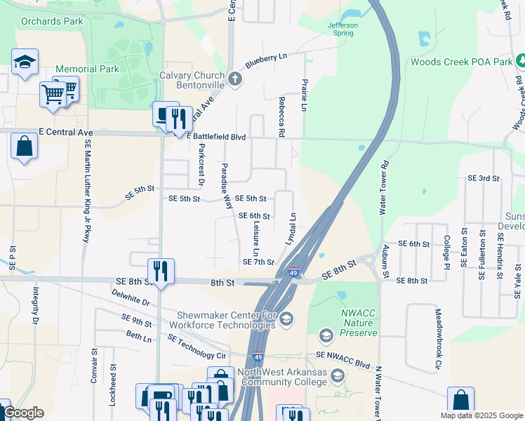 map of restaurants, bars, coffee shops, grocery stores, and more near 2708 Southeast 5th Street in Bentonville