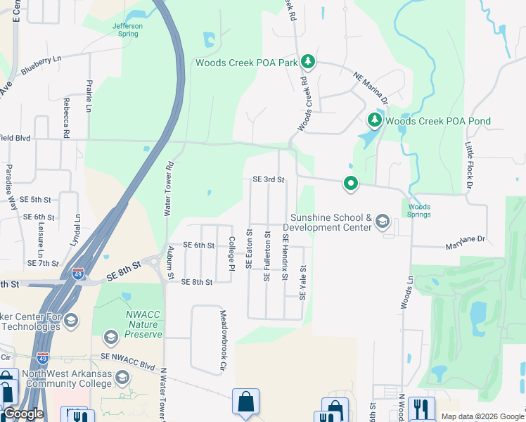 map of restaurants, bars, coffee shops, grocery stores, and more near 402 Southeast Fullerton Street in Bentonville