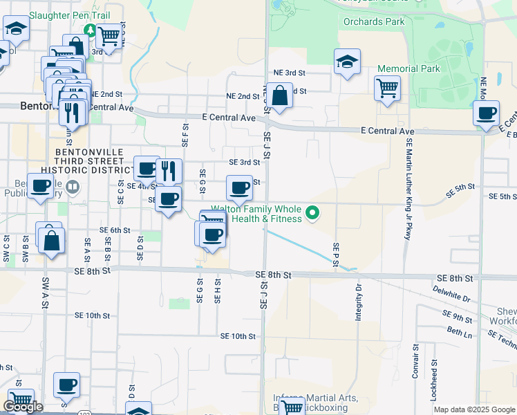 map of restaurants, bars, coffee shops, grocery stores, and more near 1012 Southeast 5th Street in Bentonville