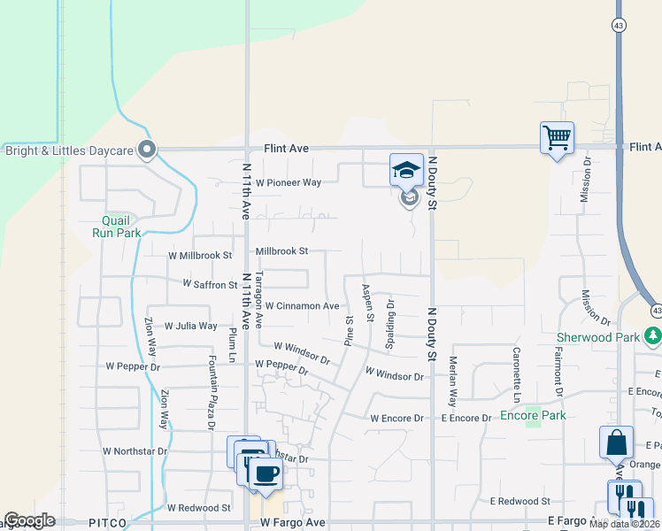 map of restaurants, bars, coffee shops, grocery stores, and more near 383 Millbrook Street in Hanford