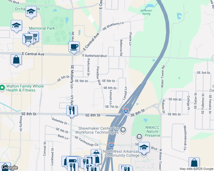 map of restaurants, bars, coffee shops, grocery stores, and more near 2708 Southeast 5th Street in Bentonville