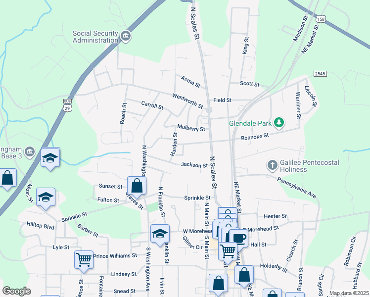 map of restaurants, bars, coffee shops, grocery stores, and more near 219 Carter Street in Reidsville