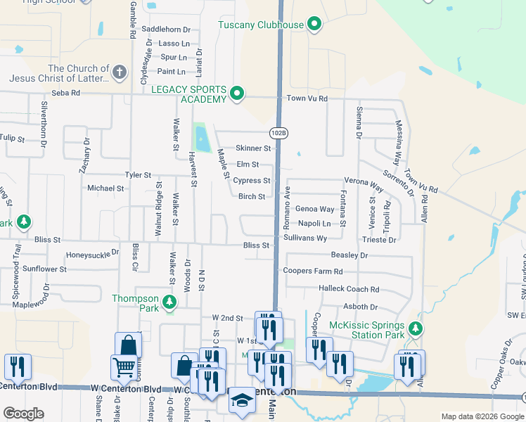 map of restaurants, bars, coffee shops, grocery stores, and more near 139 Fox Run Circle in Centerton