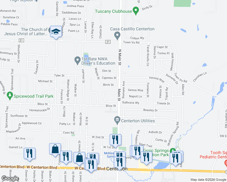 map of restaurants, bars, coffee shops, grocery stores, and more near 139 Fox Run Circle in Centerton