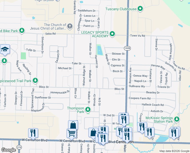 map of restaurants, bars, coffee shops, grocery stores, and more near 751 Harvest Street in Centerton