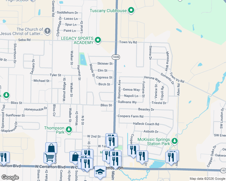map of restaurants, bars, coffee shops, grocery stores, and more near 139 Fox Run Circle in Centerton