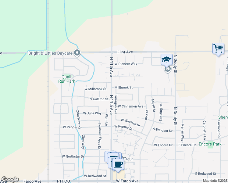 map of restaurants, bars, coffee shops, grocery stores, and more near 3182 Tarragon Avenue in Hanford