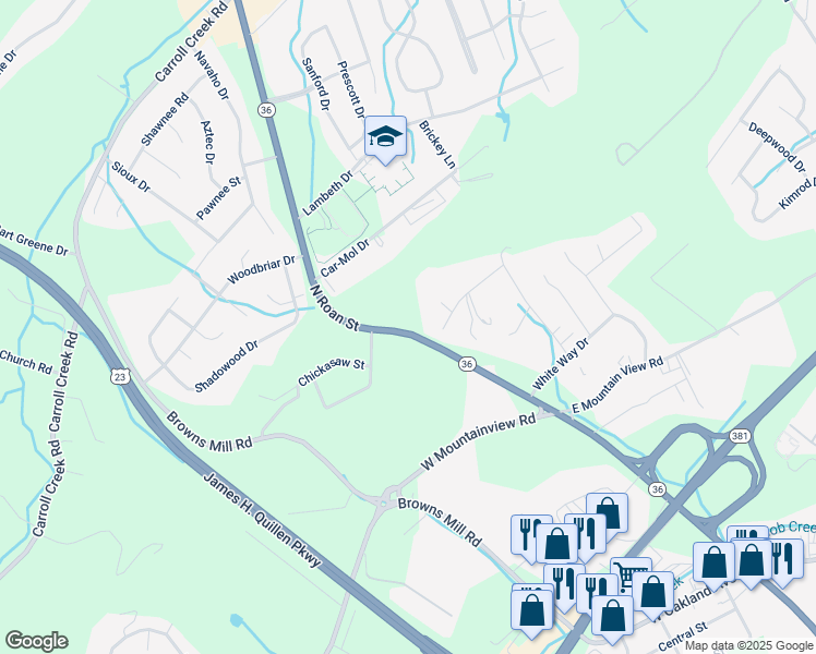 map of restaurants, bars, coffee shops, grocery stores, and more near 3708 North Roan Street in Johnson City