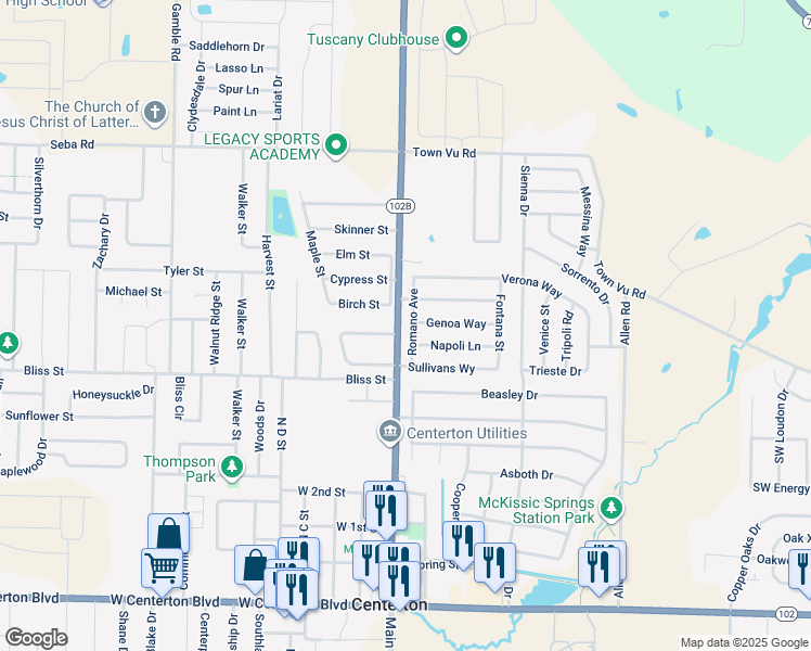 map of restaurants, bars, coffee shops, grocery stores, and more near 771 Romano Avenue in Centerton