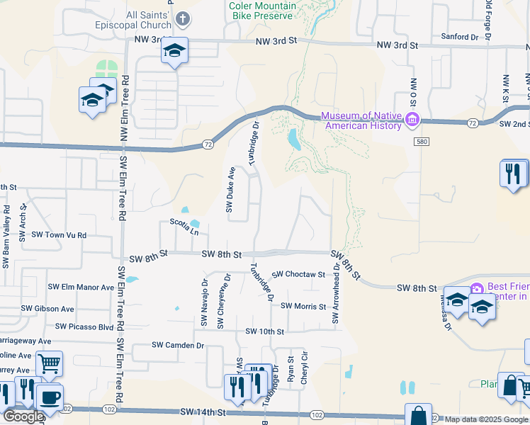 map of restaurants, bars, coffee shops, grocery stores, and more near 503 Tunbridge Drive in Bentonville