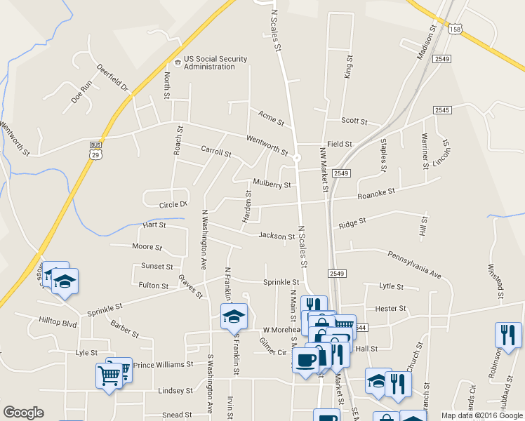 map of restaurants, bars, coffee shops, grocery stores, and more near 219 Carter Street in Reidsville