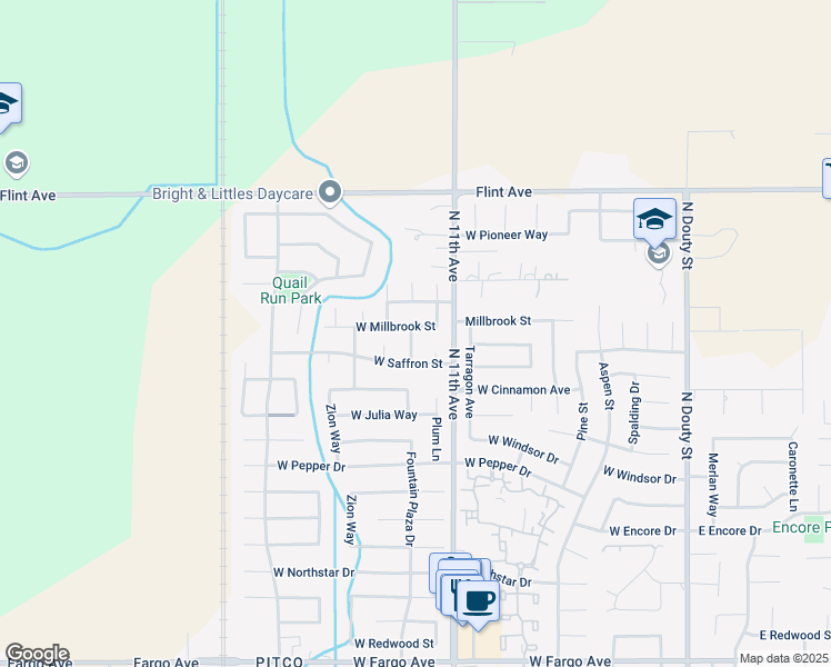 map of restaurants, bars, coffee shops, grocery stores, and more near 847 West Millbrook Street in Hanford