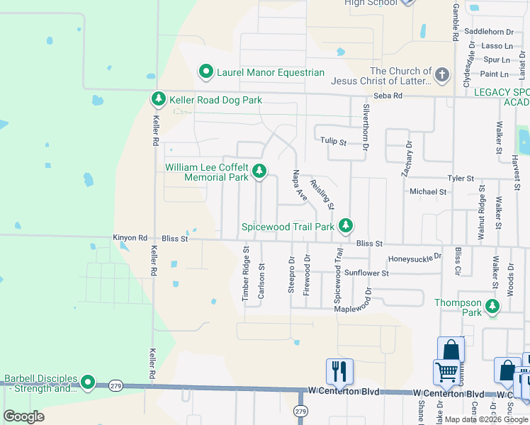 map of restaurants, bars, coffee shops, grocery stores, and more near 707 Olivia Lane in Centerton