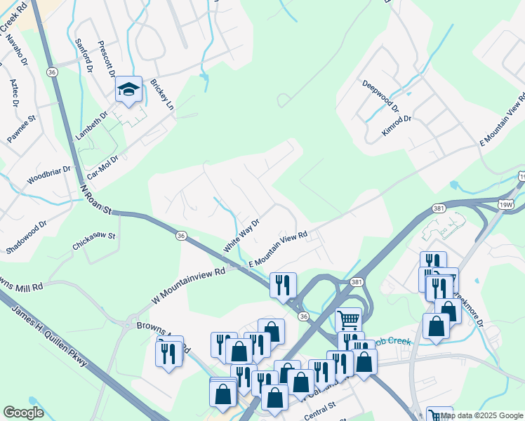 map of restaurants, bars, coffee shops, grocery stores, and more near 3400 Amoyee Drive in Johnson City