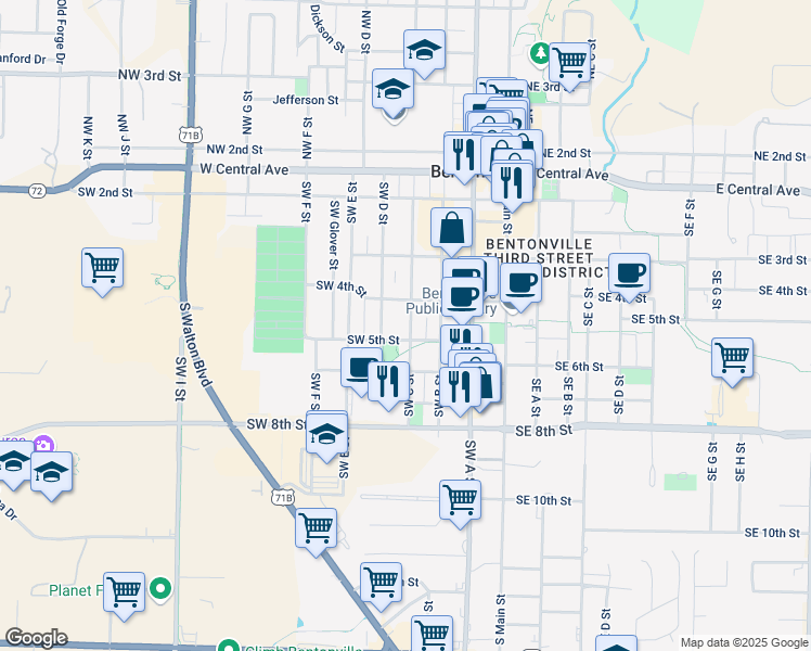 map of restaurants, bars, coffee shops, grocery stores, and more near 405 Southwest D Street in Bentonville