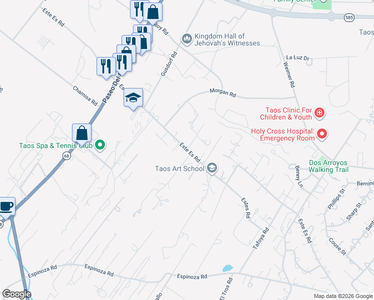 map of restaurants, bars, coffee shops, grocery stores, and more near Este Es Road in Taos