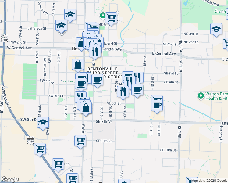 map of restaurants, bars, coffee shops, grocery stores, and more near 410 Southeast C Street in Bentonville