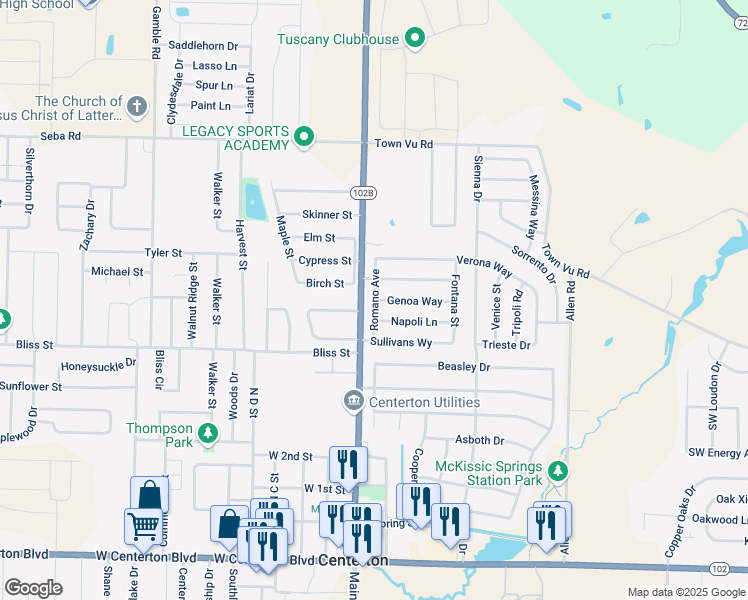 map of restaurants, bars, coffee shops, grocery stores, and more near Romano Avenue in Centerton