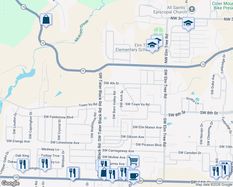 map of restaurants, bars, coffee shops, grocery stores, and more near 409 Southwest Barn Valley Road in Bentonville