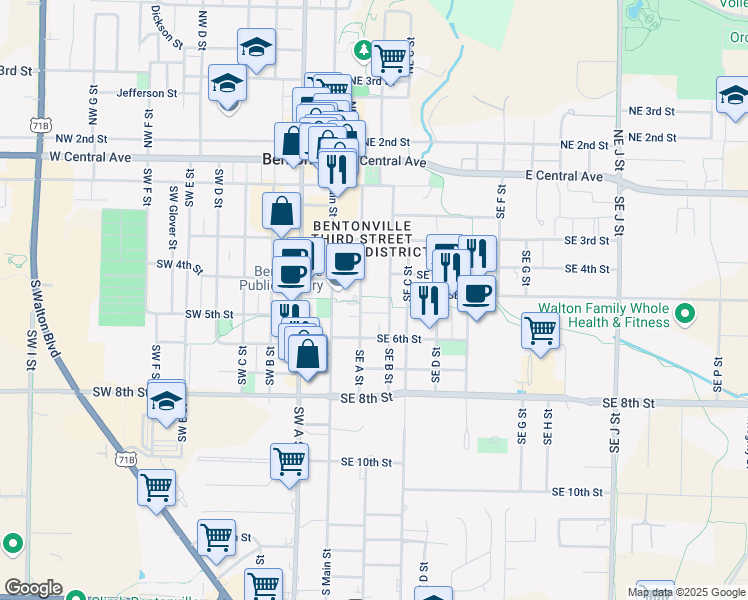 map of restaurants, bars, coffee shops, grocery stores, and more near 415 Southeast A Street in Bentonville