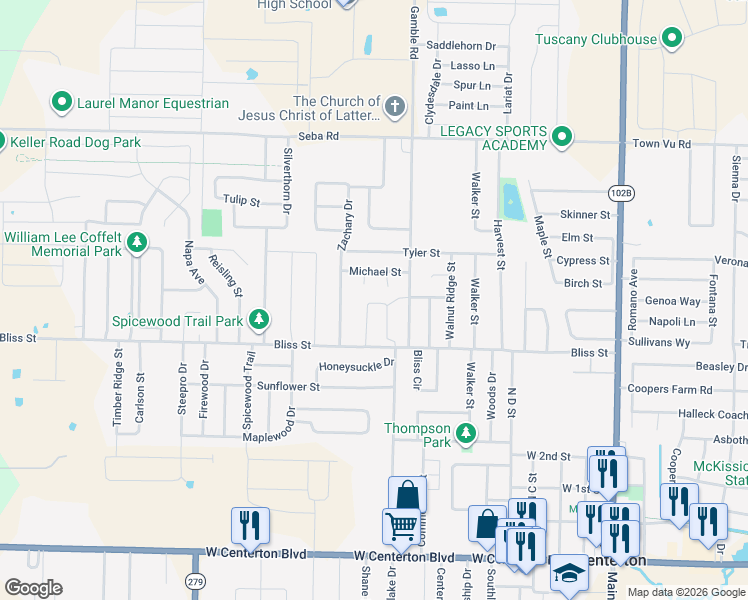 map of restaurants, bars, coffee shops, grocery stores, and more near 668 Sara Place in Centerton