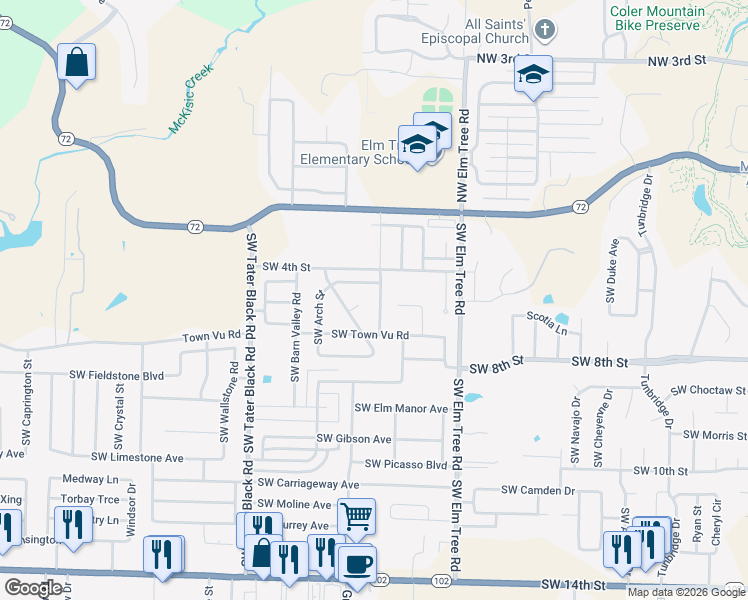 map of restaurants, bars, coffee shops, grocery stores, and more near 504 Southwest Keystone Street in Bentonville