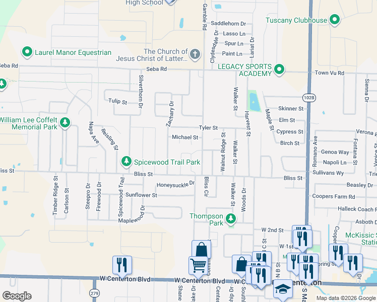 map of restaurants, bars, coffee shops, grocery stores, and more near 668 Sara Place in Centerton