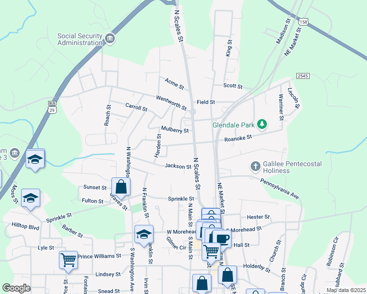 map of restaurants, bars, coffee shops, grocery stores, and more near 205 Carter Street in Reidsville
