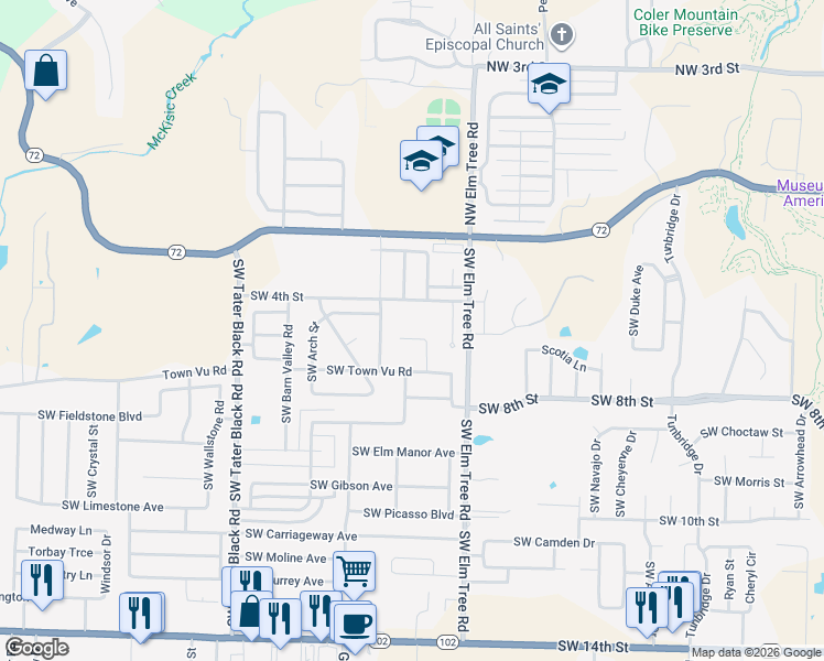 map of restaurants, bars, coffee shops, grocery stores, and more near 3504 Southwest Baybridge Cove in Bentonville