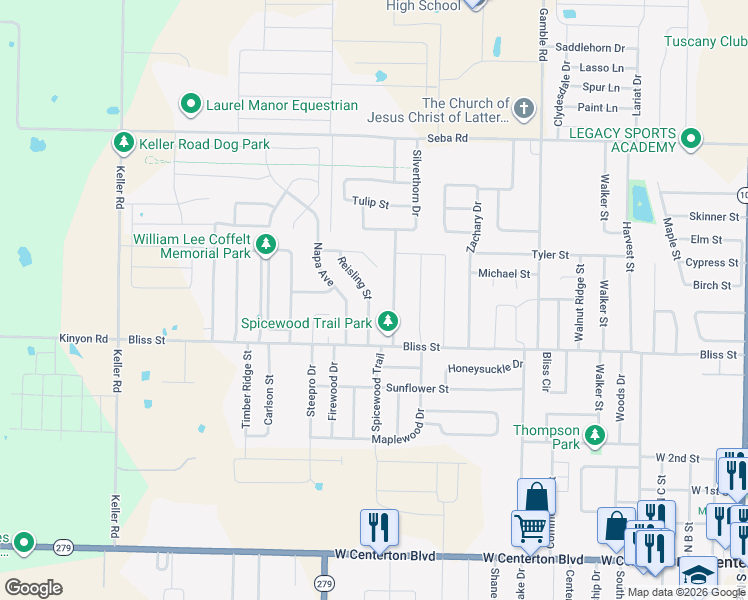 map of restaurants, bars, coffee shops, grocery stores, and more near 710 Reisling Street in Centerton