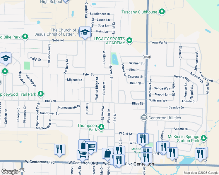 map of restaurants, bars, coffee shops, grocery stores, and more near 751 Harvest Street in Centerton