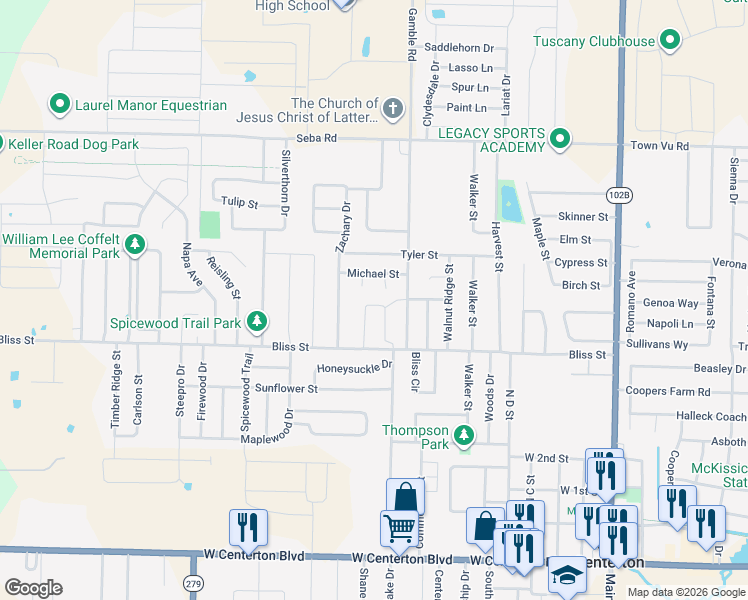 map of restaurants, bars, coffee shops, grocery stores, and more near 668 Sara Place in Centerton