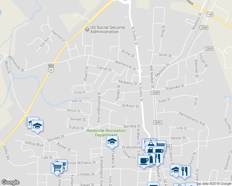 map of restaurants, bars, coffee shops, grocery stores, and more near 520 Harden Street in Reidsville