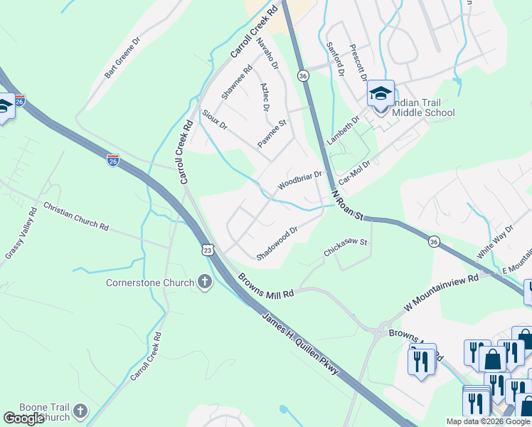 map of restaurants, bars, coffee shops, grocery stores, and more near 205 Woodbriar Drive in Johnson City