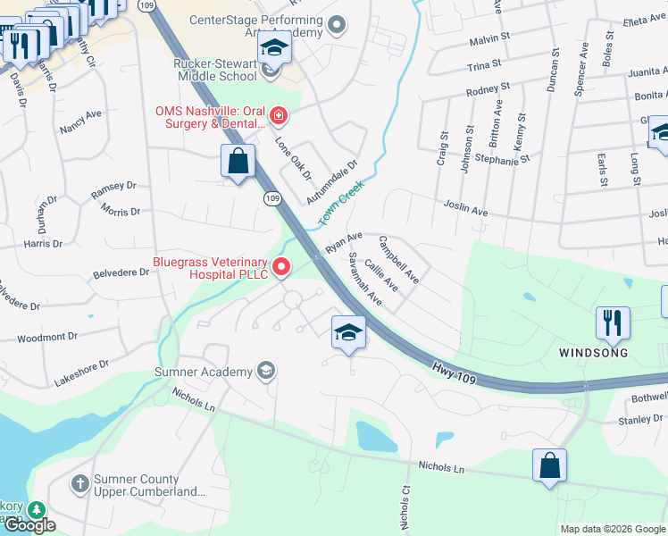 map of restaurants, bars, coffee shops, grocery stores, and more near 109N Highway By Pass in Gallatin