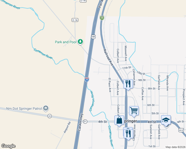 map of restaurants, bars, coffee shops, grocery stores, and more near 305 9th Street in Springer