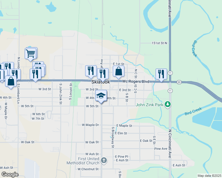 map of restaurants, bars, coffee shops, grocery stores, and more near 209 3rd Street in Skiatook