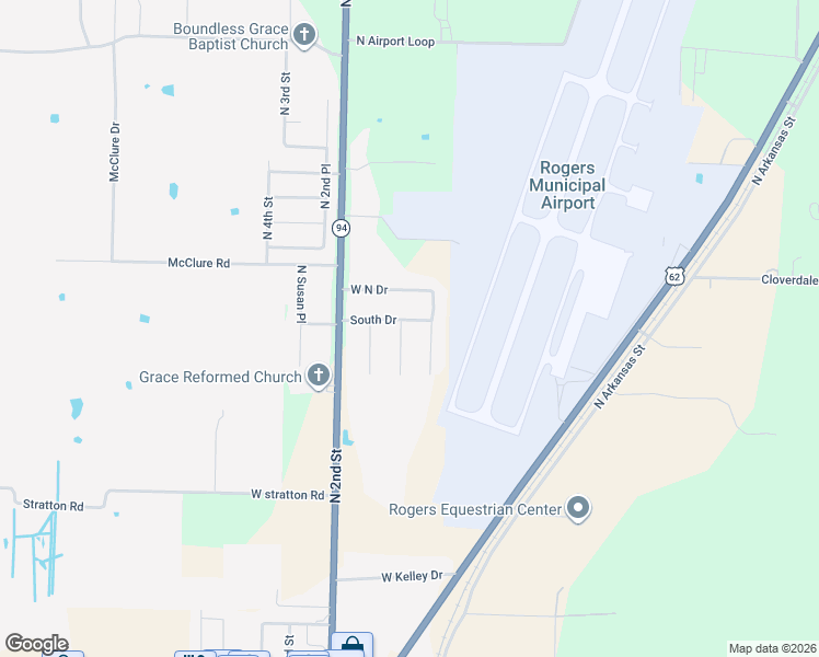 map of restaurants, bars, coffee shops, grocery stores, and more near 110 South Drive in Rogers