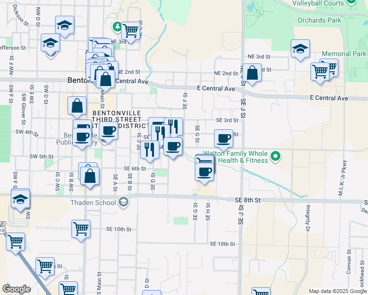 map of restaurants, bars, coffee shops, grocery stores, and more near 700 Southeast 5th Street in Bentonville