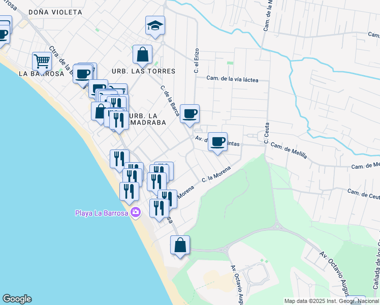 map of restaurants, bars, coffee shops, grocery stores, and more near 12 Calle la Urta in Chiclana de la Frontera