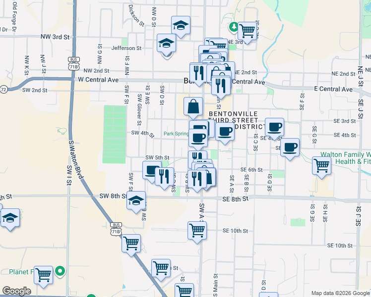 map of restaurants, bars, coffee shops, grocery stores, and more near 404 Southwest B Street in Bentonville