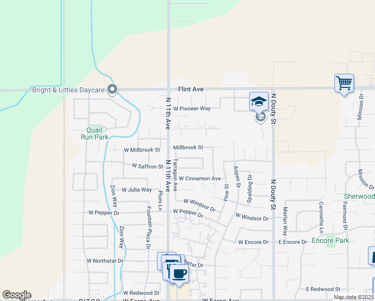 map of restaurants, bars, coffee shops, grocery stores, and more near 599 Millbrook Street in Hanford