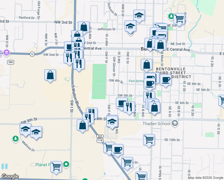 map of restaurants, bars, coffee shops, grocery stores, and more near in Bentonville