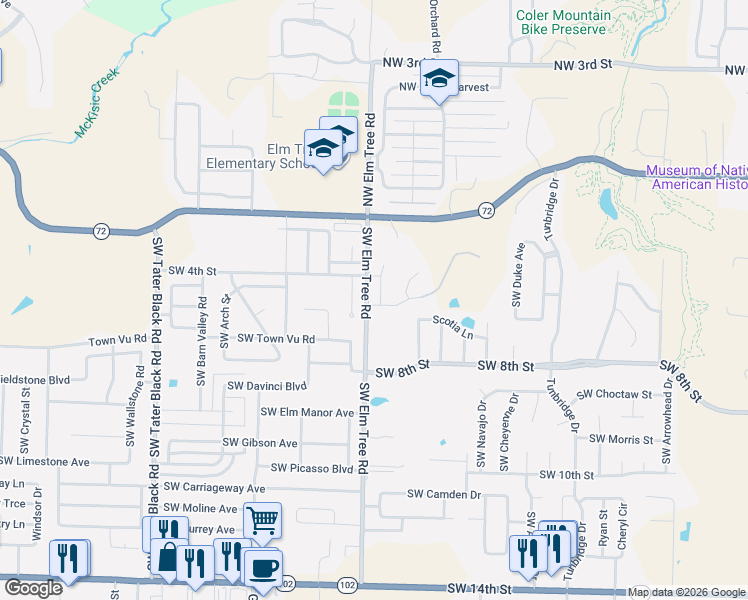 map of restaurants, bars, coffee shops, grocery stores, and more near 501 Southwest Ramsey Lane in Bentonville