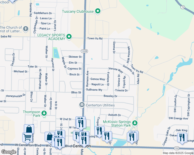 map of restaurants, bars, coffee shops, grocery stores, and more near 211 Genoa Way in Centerton
