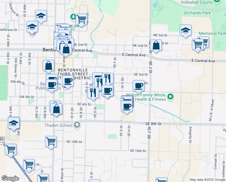 map of restaurants, bars, coffee shops, grocery stores, and more near 700 Southeast 5th Street in Bentonville