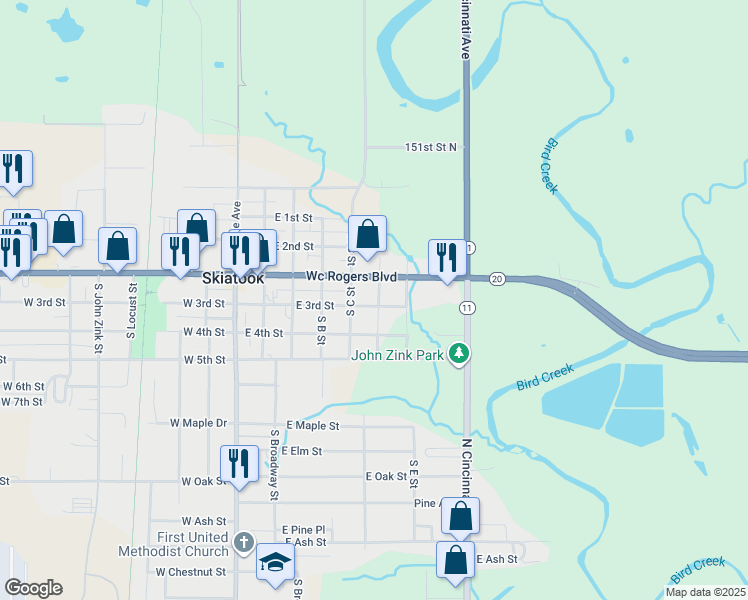map of restaurants, bars, coffee shops, grocery stores, and more near 523 East 3rd Street in Skiatook