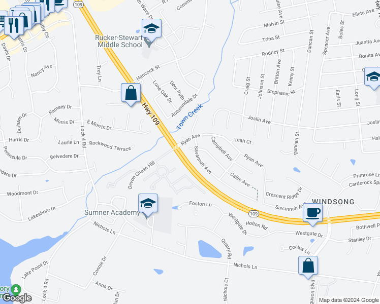 map of restaurants, bars, coffee shops, grocery stores, and more near 561 Callie Court in Gallatin